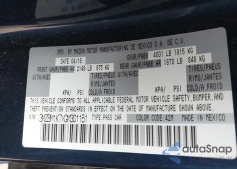 2016 Mazda Mazda3 I Sport из США, поврежденный, VIN 3MZBM1K7XGM301151